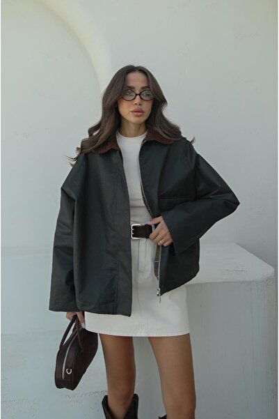 Havoş Khaki Waxed Look Velvet Collar Jacket