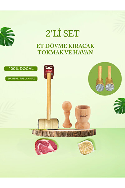 AHER 2'Li Doğal Ahşap tokmak ve havan et dövme kıracak paslanmaz çelik