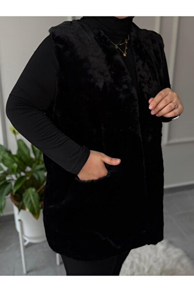 afife MARKA BÜYÜK BEDEN CEPLİ SIFIR KOLLU SİYAH PELUŞ YELEK