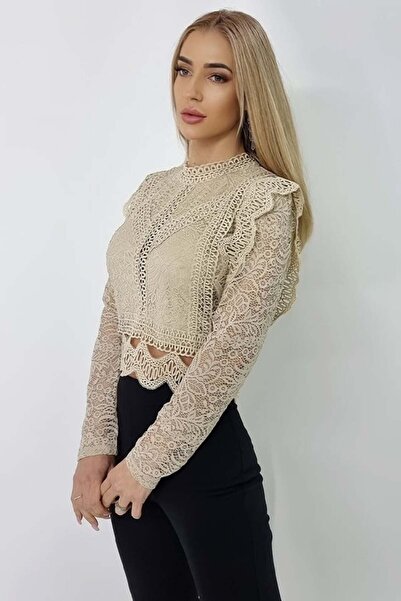 FashionForYou Πουκάμισο με μακριά μανίκια Ryna από δαντέλα, κρεμ