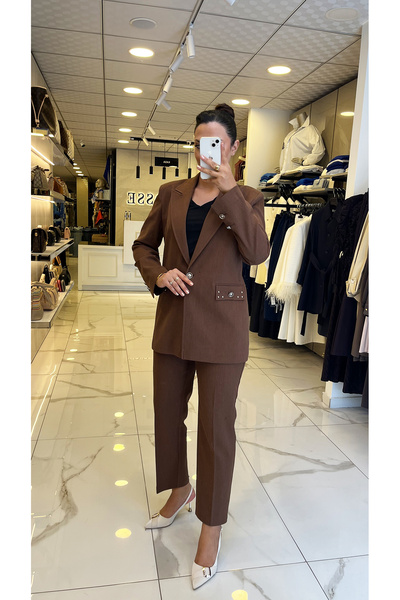 Vosse Moda İlgi Kahverengi Tek Düğmeli Blazer Ceketli Takım
