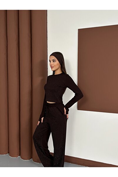 LE CARAMBOLE Γυναικείο σετ με καφέ πέτρα με λεπτομέρεια από ύφασμα Modal, επάνω και κάτω μέρος