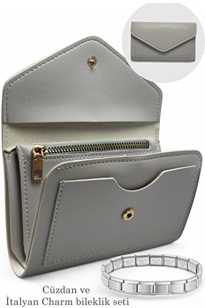 EVVELİ Women's Medium Size Envelope Model Wallet and Italian Charm Steel Brac...