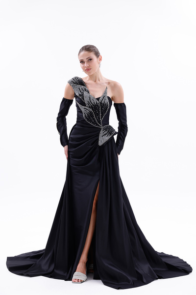 BDM Exclusive Taş İşlemeli Yaprak Detaylı Drapeli Tafta Abiye Elbise