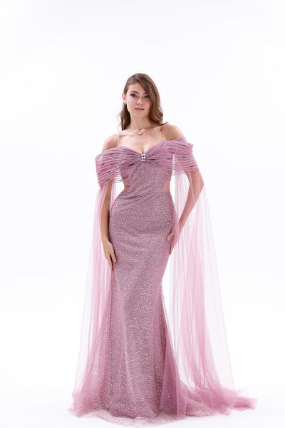 BDM Exclusive Drapeli Taş Detaylı Tül Payet Pelerinli Uzun Abiye Elbise (