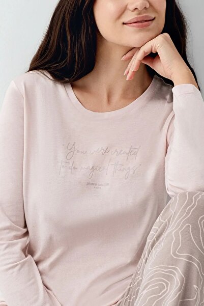 Pierre Cardin 9096 Women's Long Sleeve Crew Neck Pajama Set-Pink