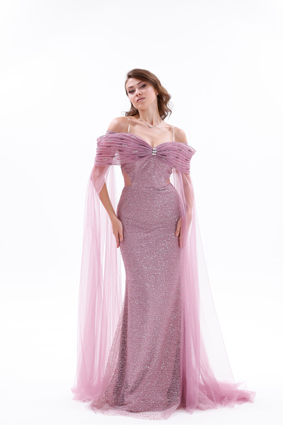 BDM Exclusive Drapeli Taş Detaylı Tül Payet Pelerinli Uzun Abiye Elbise (