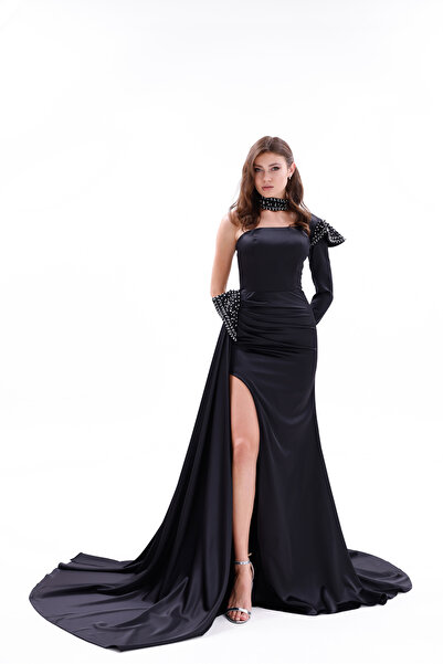 BDM Exclusive Tek Omuz Taş İşlemeli Choker Detaylı Yırtmaçlı Uzun Saten Abiye...