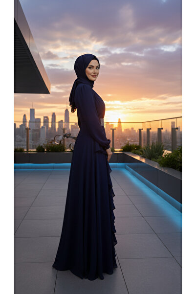 ALA MİRA Şifon Kemeri Taşlı Lacivert Tesettür Abiye Elbise ALM52005L