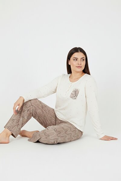 Bravie Elite Viscose Long Plus Size Pajama Set with Polka Dots on Top and Six-Line Pattern on the Bottom Ecru 3585