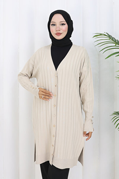 benguen Self-Stripe Long Mercerized Cardigan N3179 Stone Color