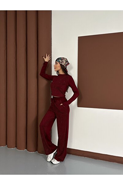 LE CARAMBOLE Women's Burgundy Stone Print Detailed Modal Fabric Top and Bottom Set