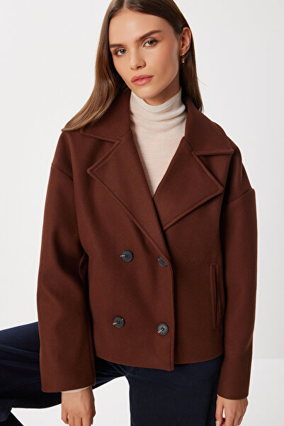 Lovelyİstanbul Dvouřadý krátký kabát s kashmírovým efektem LGP0029 HNĚDÝ
