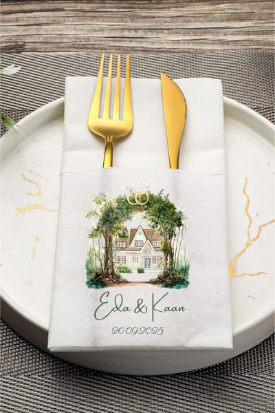 loyderlena 50 Adet Kişiye Özel İsim Baskılı Cepli Peçete Düğün Nişan Söz Peçe...