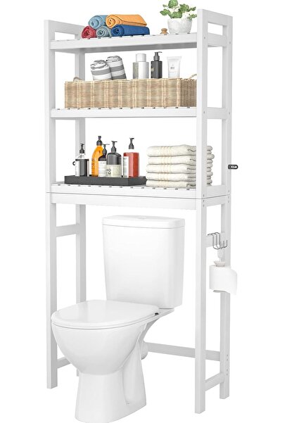 Generic Homykic Over The Toilet Storage, Bamboo Bathroom Organizer with Hooks, White