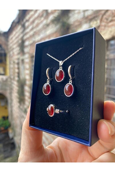 By Atölye Doğal Akik Taşı 925 Ayar Gümüş Takım & Set