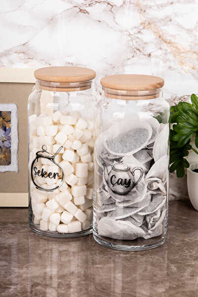 Minya Home 2'li Cam Kavanoz Seti Ahşap Vakum Kapaklı Çay Şeker Saklama Kabı Etiket Hediyeli 1300 ml