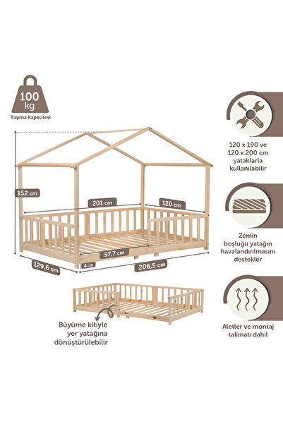 Kukka KCB360 Doğal Ahşap Çatılı Dönüştürülebilir Montessori Yatak 120 x 200 cm