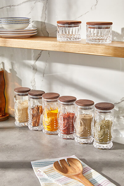 hapeed طقم توابل زجاجي من 6 قطع مع أغطية خشبية مفرغة الهواء من ماركة دورة