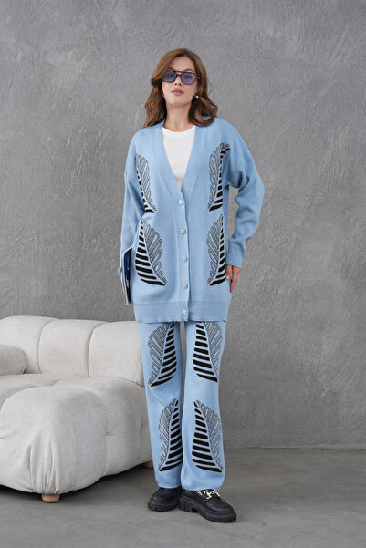 Miss Allos Women's Beaded and Embroidered Wide-Fit Knitwear Cardigan and Pants Top and Bottom Set