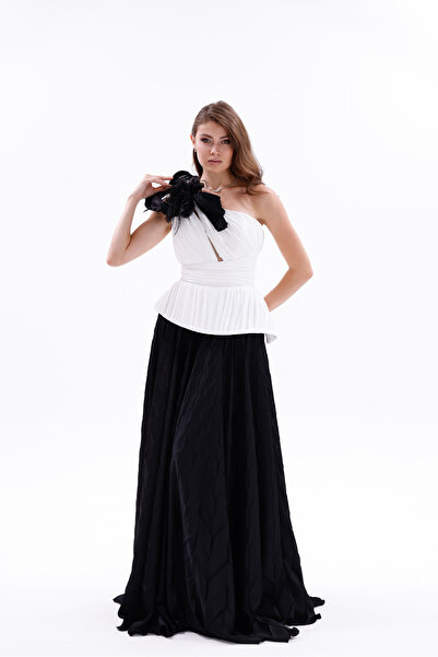 BDM Exclusive Tek Omuz Piliseli Peplum Çiçek Aplikeli Uzun Saten Abiye Elbise