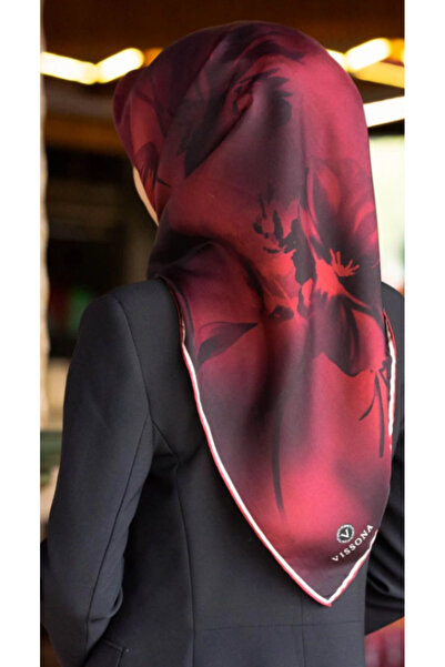 Vissona 100% Twill Ipek Çiçek Desenli Bordo Renkli 90x90 Dikim Şekli : El Dikişi Eşarp 6269 - 0018