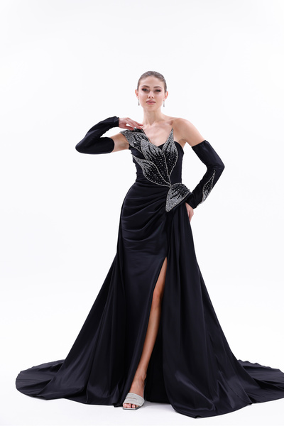 BDM Exclusive Taş İşlemeli Yaprak Detaylı Drapeli Tafta Abiye Elbise