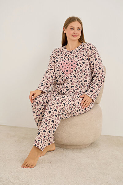 Siyah İnci Salmon Heart Pattern Embroidered Plus Size Fleece Winter Knitted Pajamas Set
