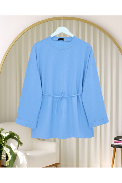 Modamorfo تونيك قطني ممشط مدمج بأكمام متعددة الطبقات وربطة خصر وفتحة - أزرق