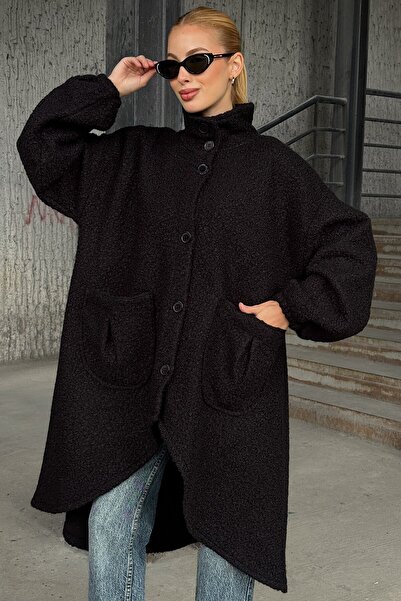 VAGGON Women's Black Double Pocket Asymmetrical Cut Button Closure Cashmere Coat Vs01285