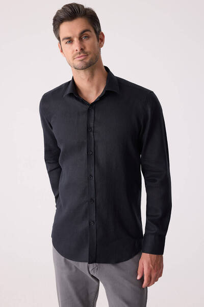 Ysf Men's Black Slim Fit Classic Collar Linen Shirt