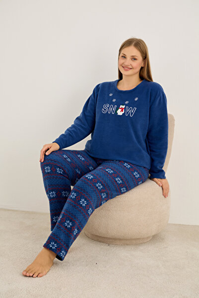 Siyah İnci Синій з візерунком на тему снігу Вишитий великий розмір Полярний зимовий трикотажний піжамний комплект