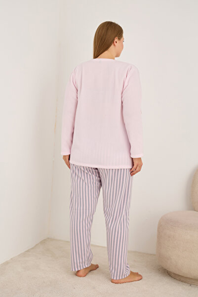 Siyah İnci Ροζ ριγέ μοτίβο Κεντημένο Σετ Πιτζάμες Χειμερινό Πλεκτό Φλις Μεγάλου Μεγέθους