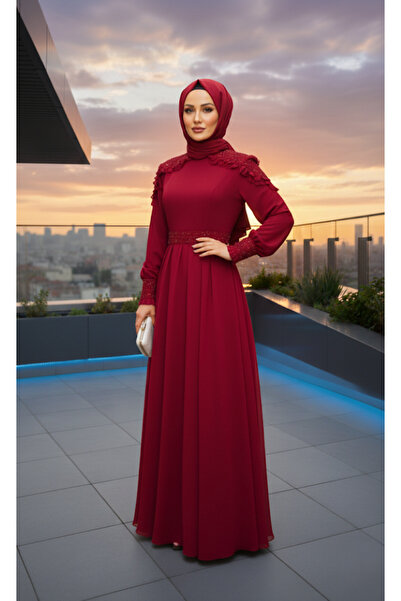 ALA MİRA Omuz Ve Manşet Detaylı Fuşya Tesettür Abiye Elbise ALM52040FŞY