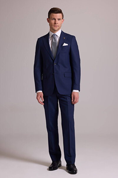 Ysf Erkek Lacivert Regular Fit Kareli Yün Mono Yakalı Takım Elbise