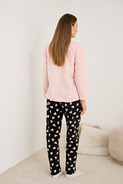Siyah İnci Pink Heart Patterned Teddy Bear Embroidered Fleece Winter Knitted Pajama Set