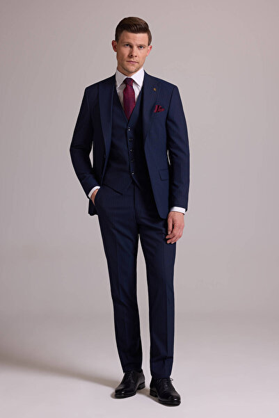 Ysf بدلة رجالية من الصوف بنسبة 100% باللون الأزرق الداكن ذات قصة ضيقة وياقة مدببة مع صدرية