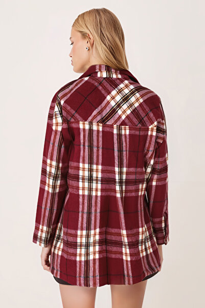 armonika Women's Dark Burgundy Men's Collar Oversized Jacket with Side Slits Arm-26K001009