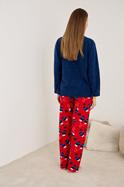 Siyah İnci Navy Blue Winter Themed Printed Gloves Embroidered Ribbed Fleece Winter Knitted Pajama Set