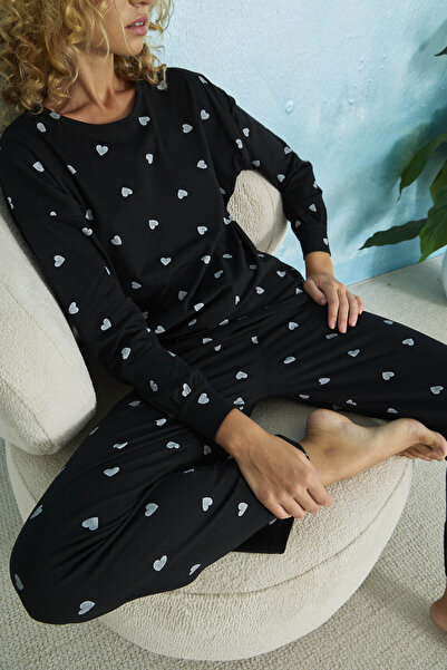 STELLAPİNK Kalp Desenli Uzun Kollu Pijama Takımı