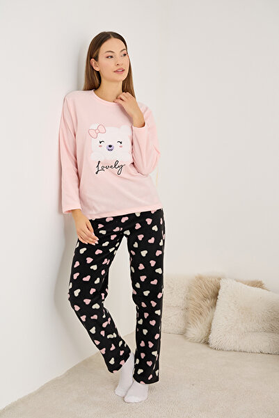 Siyah İnci Pink Heart Patterned Teddy Bear Embroidered Fleece Winter Knitted Pajama Set