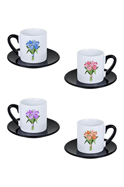 giftkonsept Tulip Bouquet Printed Black Handle 4-Piece Porcelain Turkish Coffee Cup Set