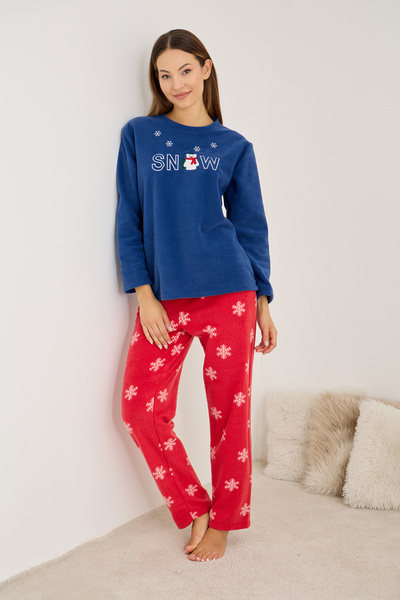 Siyah İnci Navy Blue Patterned Snow-Themed Embroidered Fleece Winter Knitted Pajama Set