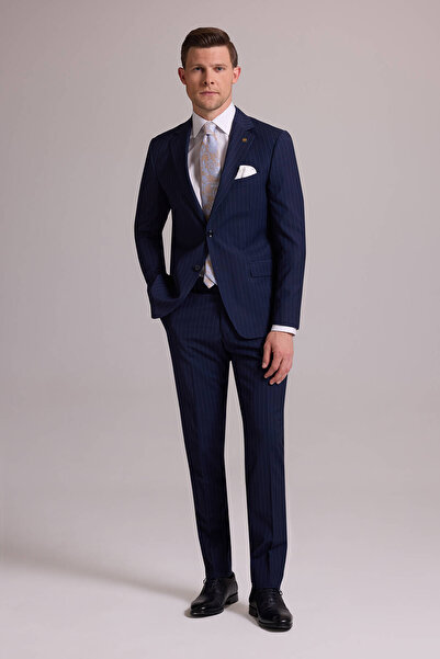 Ysf بدلة رجالية من الصوف بنسبة 100% ذات ياقة مفردة وقصة ضيقة مخططة باللون الأزرق الداكن