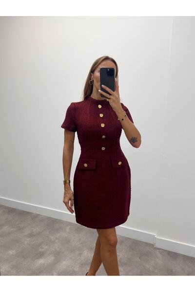 Maldia Shop Kadın Gold Düğme Fermuarlı Bordo Tüvit Elbise