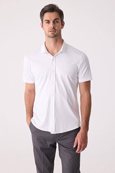 Ysf قميص رجالي أبيض بأكمام قصيرة من قماش الميرسيريزد