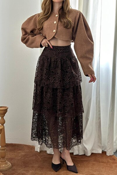 Elbee Fashion Woman Layered Detailed Lined Lace Skirt