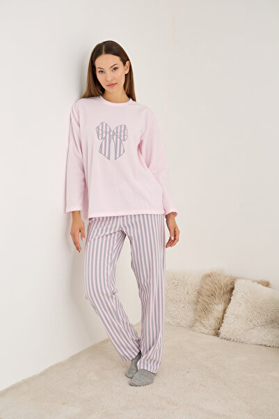 Siyah İnci ροζ γκρι ριγέ φιόγκος Κεντημένο με φλις χειμωνιάτικο πλεκτό σετ πιτζάμες