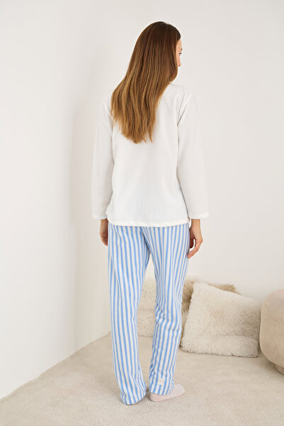 Siyah İnci Set de pijamale de iarnă din material subțire din lână brodată cu fundă cu dungi albastre albe