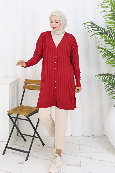 benguen Self-Stripe Long Mercerized Cardigan N3179 Red
